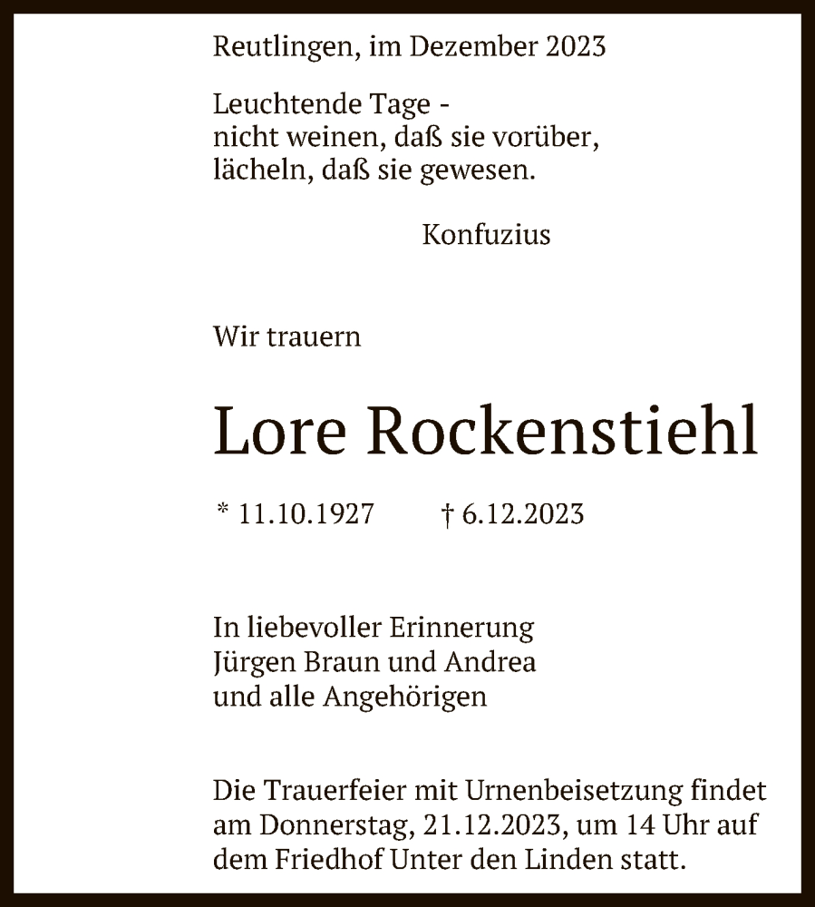  Traueranzeige für Lore Rockenstiehl vom 13.12.2023 aus Reutlinger General-Anzeiger