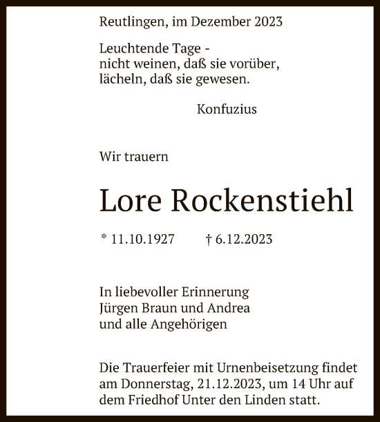 Anzeige von Lore Rockenstiehl von Reutlinger General-Anzeiger