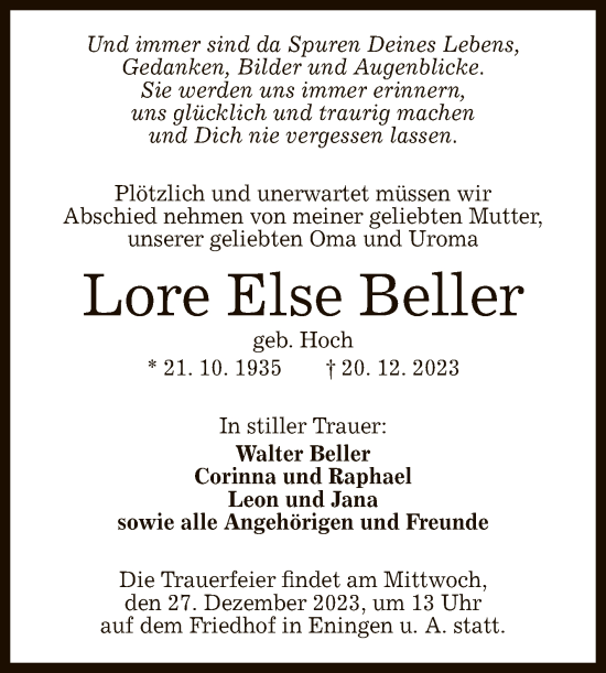 Anzeige von Lore Else Beller von Reutlinger General-Anzeiger