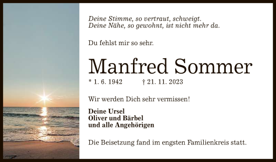 Anzeige von Manfred Sommer von Reutlinger General-Anzeiger