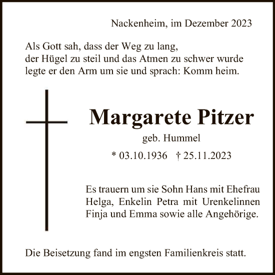 Anzeige von Margarete Pitzer von Reutlinger General-Anzeiger