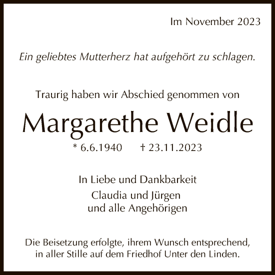 Anzeige von Margarethe Weidle von Reutlinger General-Anzeiger