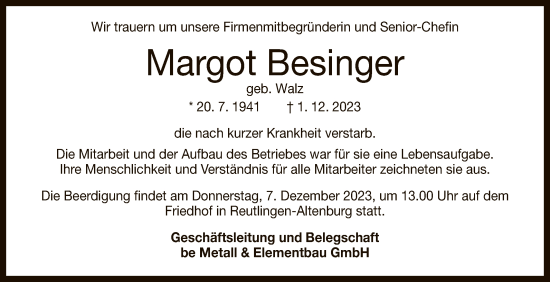 Anzeige von Margot Besinger von Reutlinger General-Anzeiger