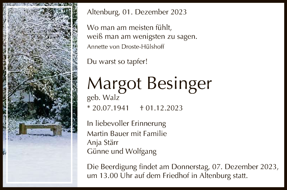  Traueranzeige für Margot Besinger vom 05.12.2023 aus Reutlinger General-Anzeiger