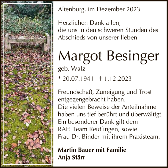 Anzeige von Margot Besinger von Reutlinger General-Anzeiger