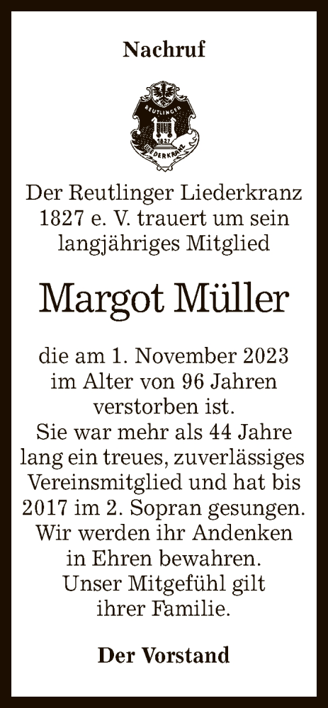 Anzeige von Margot Müller von Reutlinger General-Anzeiger