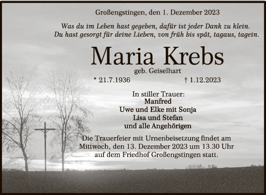Anzeige von Maria Krebs von Reutlinger General-Anzeiger