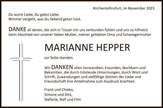 Anzeige von Marianne Hepper von Reutlinger General-Anzeiger