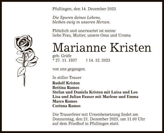 Anzeige von Marianne Kristen von Reutlinger General-Anzeiger