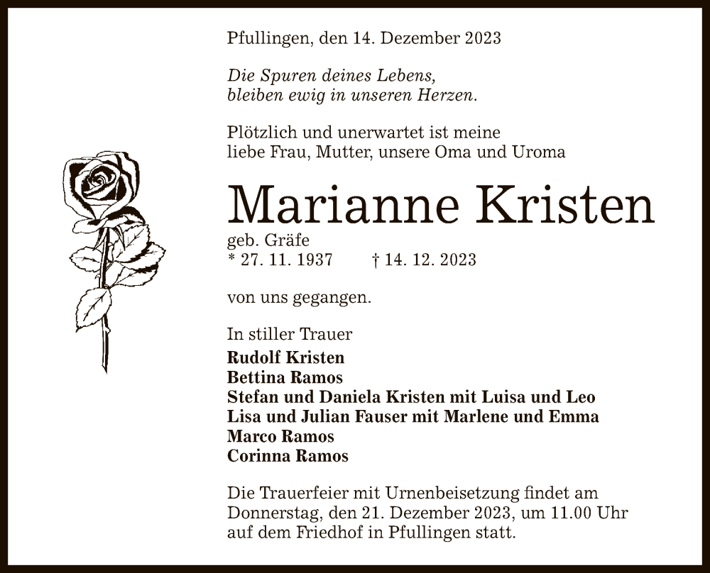  Traueranzeige für Marianne Kristen vom 16.12.2023 aus Reutlinger General-Anzeiger