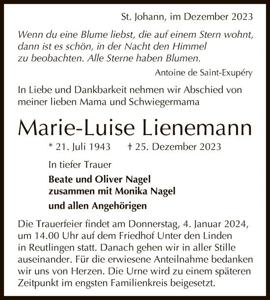Anzeige von Marie-Luise Lienemann von Reutlinger General-Anzeiger