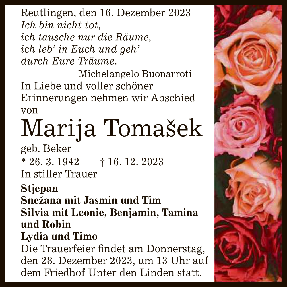  Traueranzeige für Marija Tomasek vom 23.12.2023 aus Reutlinger General-Anzeiger