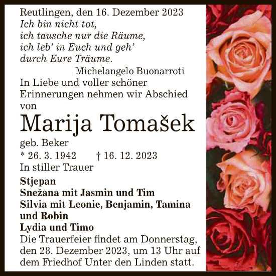 Anzeige von Marija Tomasek von Reutlinger General-Anzeiger
