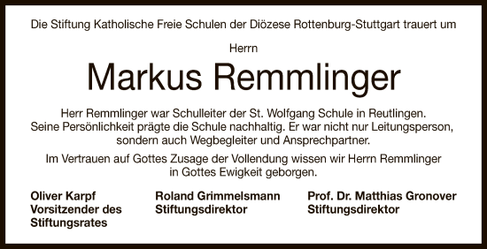 Anzeige von Markus Remmlinger von Reutlinger General-Anzeiger