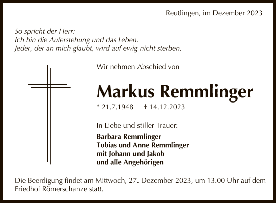 Anzeige von Markus Remmlinger von Reutlinger General-Anzeiger