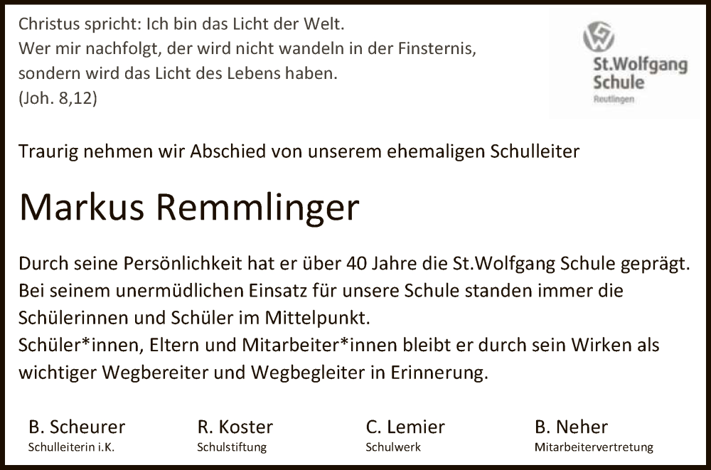  Traueranzeige für Markus Remmlinger vom 20.12.2023 aus Reutlinger General-Anzeiger