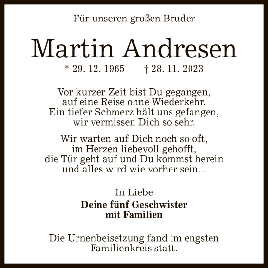 Anzeige von Martin Andresen von Reutlinger General-Anzeiger