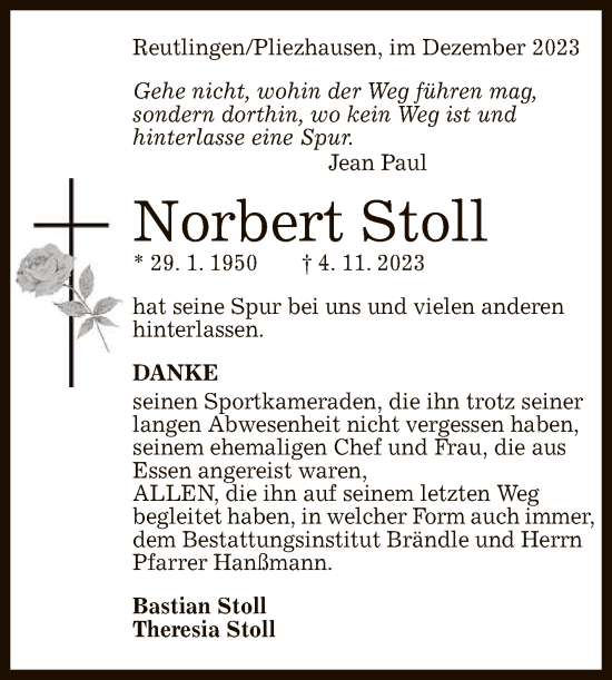 Anzeige von Norbert Stoll von Reutlinger General-Anzeiger