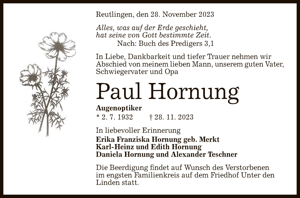  Traueranzeige für Paul Hornung vom 02.12.2023 aus Reutlinger General-Anzeiger
