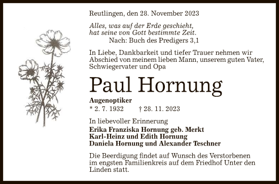 Anzeige von Paul Hornung von Reutlinger General-Anzeiger