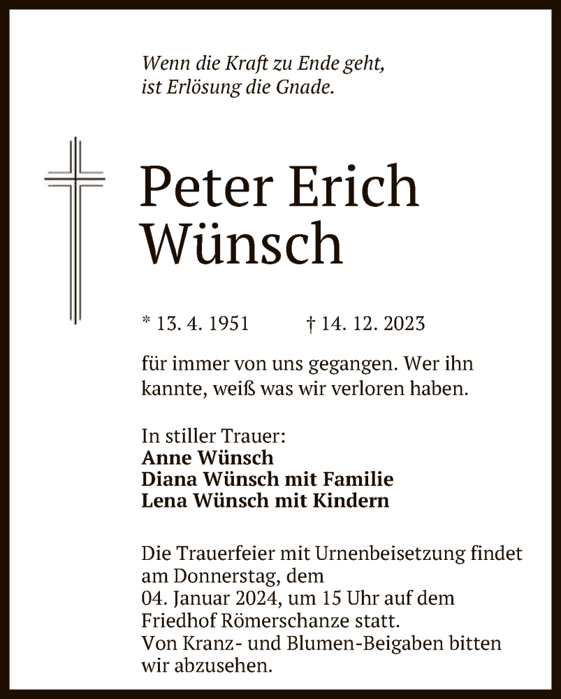  Traueranzeige für Peter Erich Wünsch vom 28.12.2023 aus Reutlinger General-Anzeiger