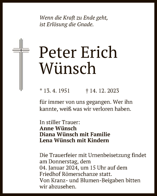 Anzeige von Peter Erich Wünsch von Reutlinger General-Anzeiger