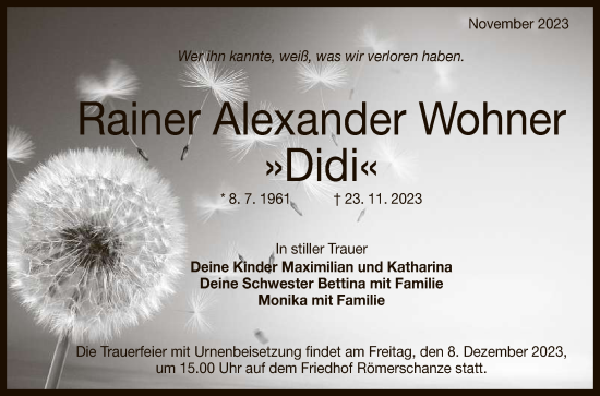 Anzeige von Rainer Alexander Wohner von Reutlinger General-Anzeiger