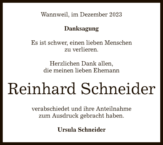 Anzeige von Reinhard Schneider von Reutlinger General-Anzeiger