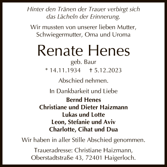 Anzeige von Renate Henes von Reutlinger General-Anzeiger