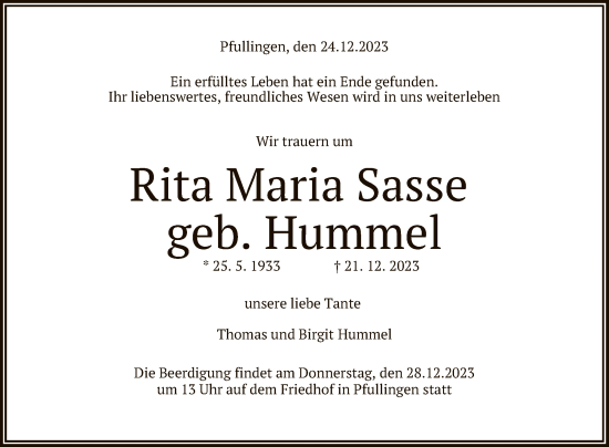 Anzeige von Rita Maria Sasse von Reutlinger General-Anzeiger