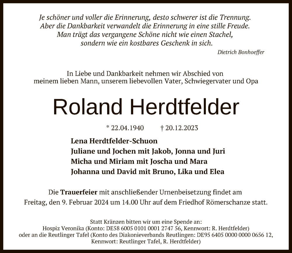  Traueranzeige für Roland Herdtfelder vom 30.12.2023 aus Reutlinger General-Anzeiger