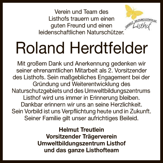 Anzeige von Roland Herdtfelder von Reutlinger General-Anzeiger