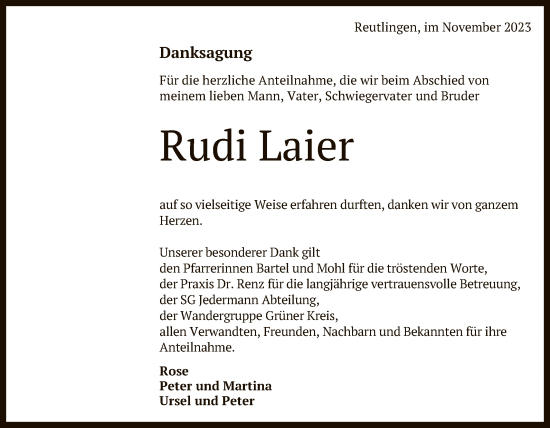 Anzeige von Rudi Laier von Reutlinger General-Anzeiger
