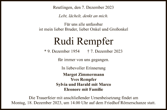 Anzeige von Rudi Rempfer von Reutlinger General-Anzeiger