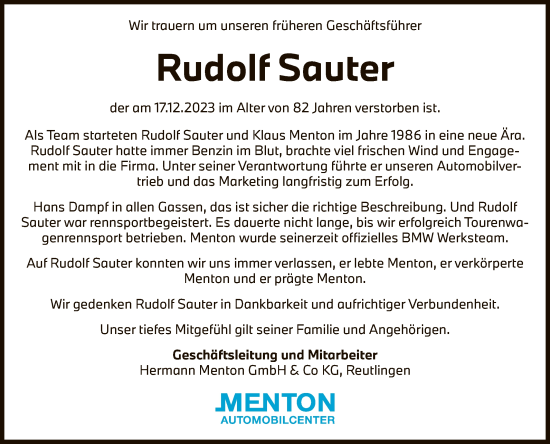 Anzeige von Rudolf Sauter von Reutlinger General-Anzeiger