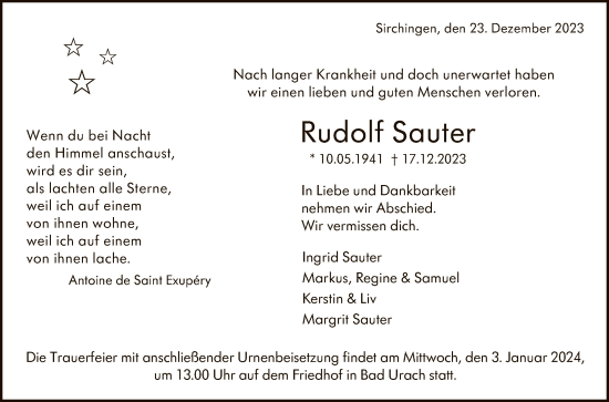 Anzeige von Rudolf Sauter von Reutlinger General-Anzeiger