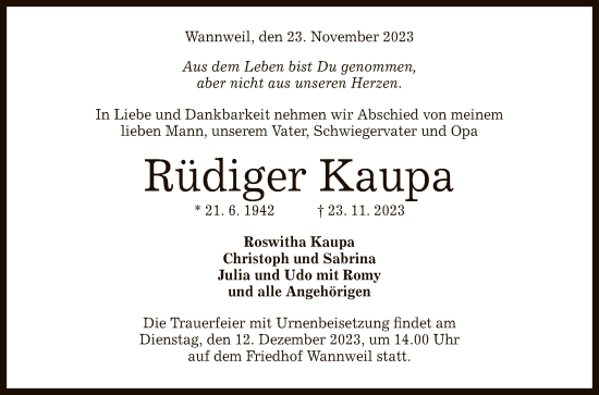 Anzeige von Rüdiger Kaupa von Reutlinger General-Anzeiger