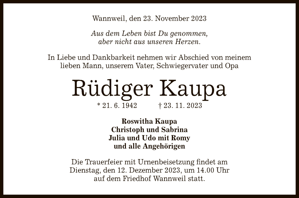  Traueranzeige für Rüdiger Kaupa vom 02.12.2023 aus Reutlinger General-Anzeiger