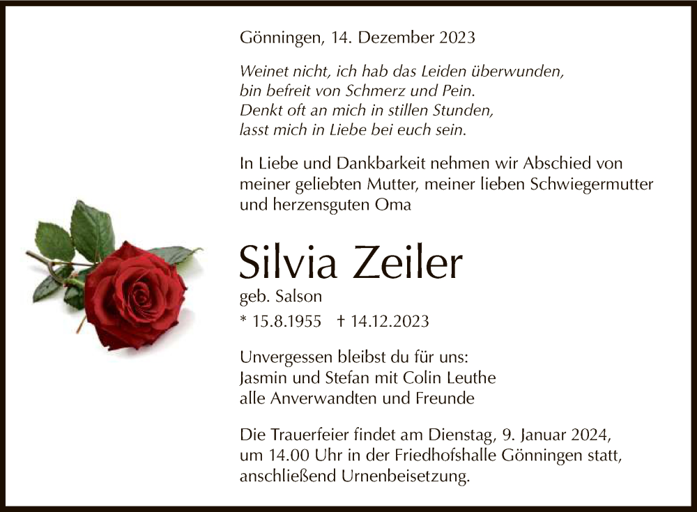  Traueranzeige für Silvia Zeiler vom 30.12.2023 aus Reutlinger General-Anzeiger
