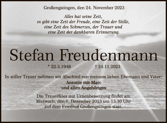 Anzeige von Stefan Freudenmann von Reutlinger General-Anzeiger