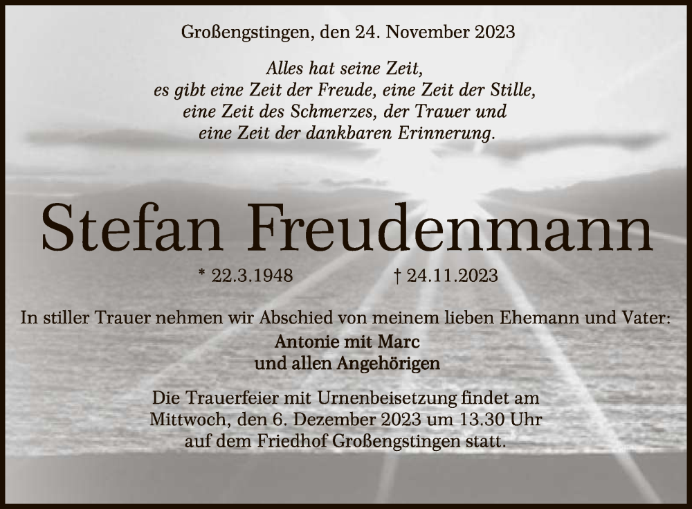  Traueranzeige für Stefan Freudenmann vom 02.12.2023 aus Reutlinger General-Anzeiger