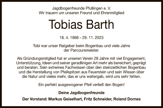 Anzeige von Tobias Barth von Reutlinger General-Anzeiger