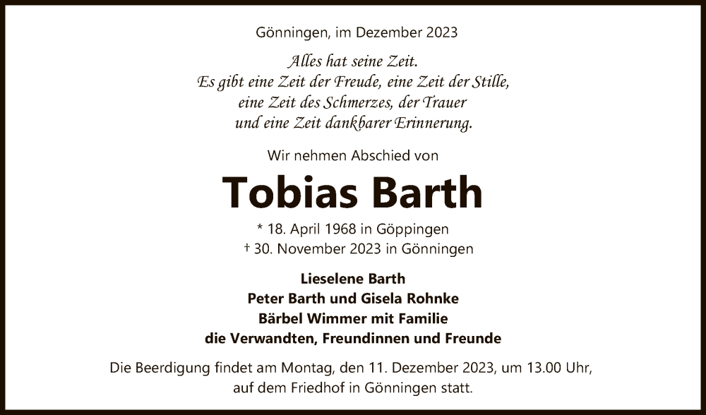  Traueranzeige für Tobias Barth vom 06.12.2023 aus Reutlinger General-Anzeiger