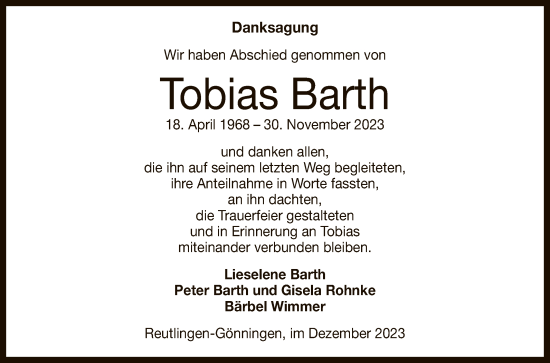 Anzeige von Tobias Barth von Reutlinger General-Anzeiger