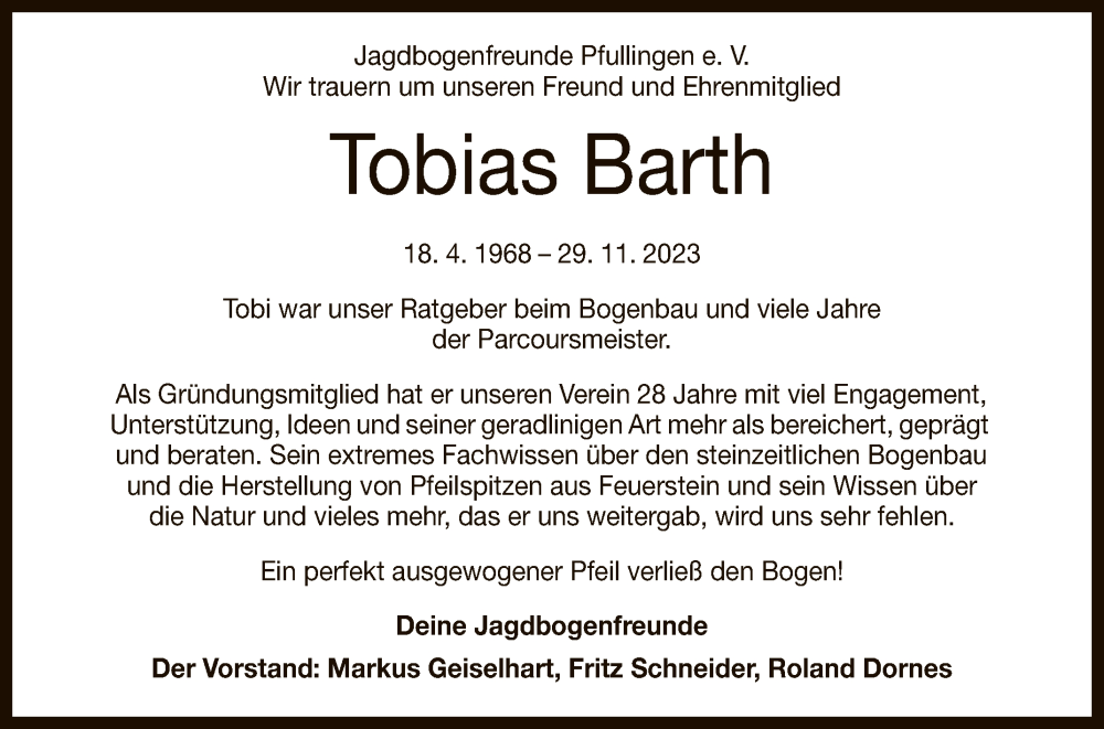  Traueranzeige für Tobias Barth vom 08.12.2023 aus Reutlinger General-Anzeiger