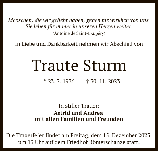 Anzeige von Traute Sturm von Reutlinger General-Anzeiger