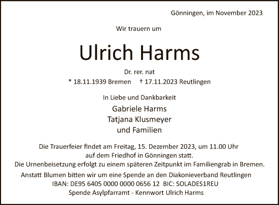 Anzeige von Ulrich Harms von Reutlinger General-Anzeiger