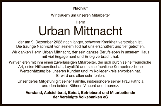 Anzeige von Urban Mittnacht von Reutlinger General-Anzeiger