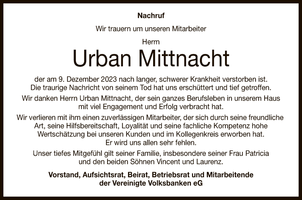  Traueranzeige für Urban Mittnacht vom 16.12.2023 aus Reutlinger General-Anzeiger