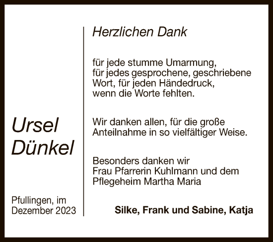 Anzeige von Ursel Dünkel von Reutlinger General-Anzeiger